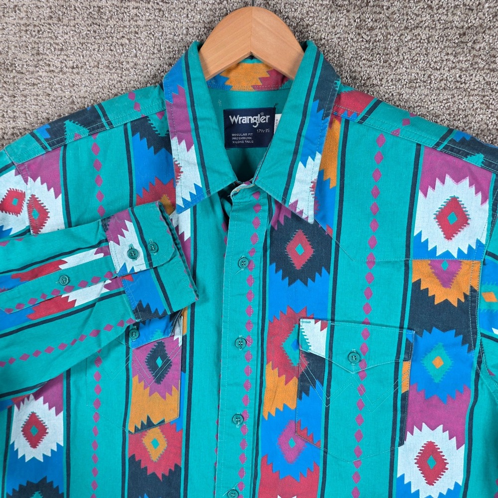 Vintage Wrangler Brushpopper Mens Western Shirt Teal Aztec Long Sleeve 17.5x35